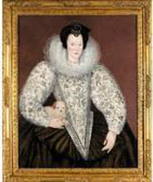 Portrait Of A Lady, 
Three-quarter Length, Standing, Wearing A White Dress Embroidered With 
Flowers And Figures Hunting, Holding A Small Dog Oil Painting by Marcus Ii Gerards