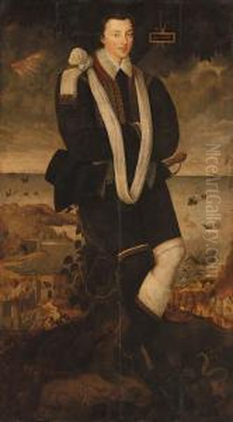 Portrait Of A Gentleman, 
Full-length, Leaning Against A Tree Trunkin An Embroidered Doublet With A
 White Sash, With Serpents Andtoads At His Feet, And Houses On Fire By 
The Coast In Thebackground, With Warships In Distress Beyond Oil Painting by Marcus Ii Gerards