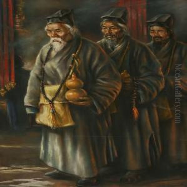 Three Chinese Inprocession Oil Painting by I. Gerassimoff