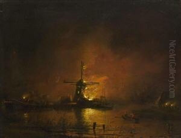 Nachtliche Hollandische Landschaft
 Mit Brennender Windmuhle. Oil Painting by Hendrik Gerrit ten Cate