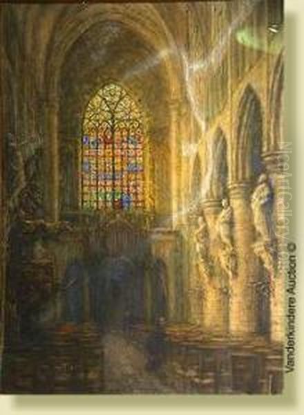 Interieur D'eglise Anime, Fusain
 Et Aquarelle Sur Papiercolle Sur Toile. Signe En Bas Au Milieu A. 
Geudens. Ecole Belge.(**). Dim.: 99x72 Cm Oil Painting by Albert Geudens