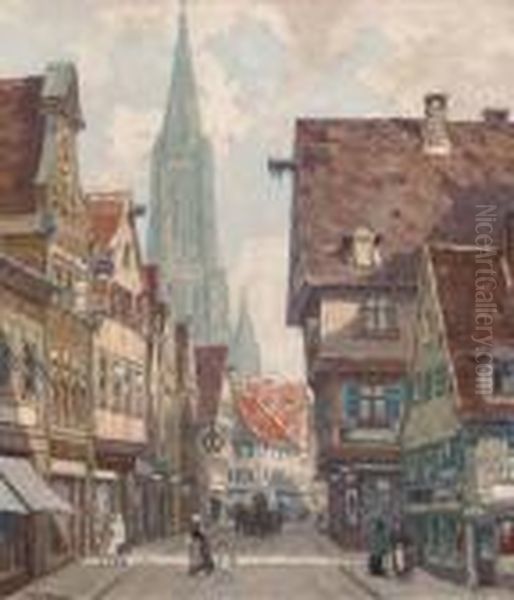 Figures In A North European Street, A Cathedral Beyond Oil Painting by Fritz Geyer