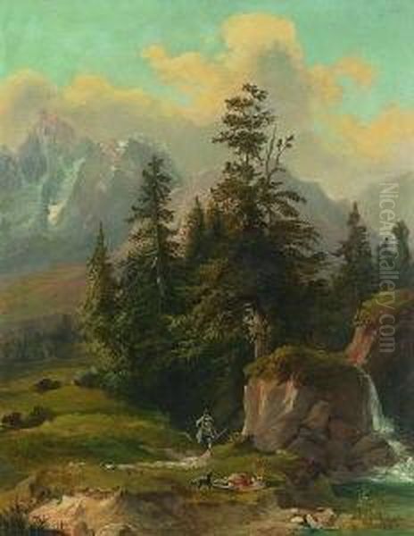Jager Und Hund Bei Dem Erlegten
 Hirsch Oil Painting by Georg Geyer