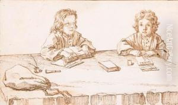 Portrait Of Serafino And Francesco Falsacapa Seated At A Table,studying And Writing Oil Painting by Pier Leone Ghezzi