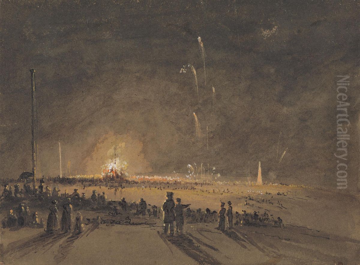 A Fireworks Display Oil Painting by James Wilson Carmichael