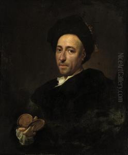 Portrait Of A Gentleman, 
Bust-length, In A Brown Coat And Cap, A Snuffbox In His Right Hand Oil Painting by Vittore Ghislandi