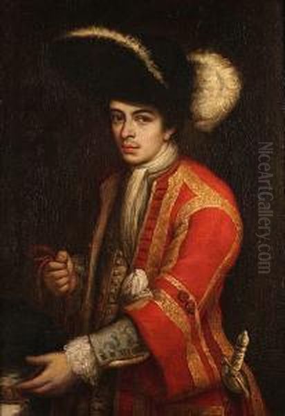 Portrait Of A Young Man, 
Standing Half-length, In A Scarlet Coat, A Plumed Hat And Holding A 
Hound On A Leash At His Side Oil Painting by Vittore Ghislandi