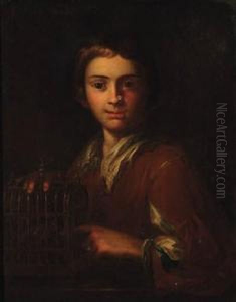 A Youth Pointing At A Birdcage Oil Painting by Vittore Ghislandi