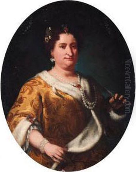 Portrait Of A Lady, Said To Be 
Contessa Maria Suardo, Half-length,wearing An Embroidered Ermine-trimmed
 Yellow Dress, Holding Afan Oil Painting by Vittore Ghislandi