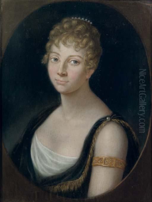Portrait Of A Lady, Bust-length,
 In A Purple And Gold Dress And A White Chemise, Wearing Pearls In Her 
Hair Oil Painting by Felice Gianni