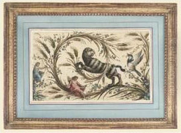 Projet Decoratif Avec Figures 
Drapees, Oiseau Et Lion [, Decorative Project With Draped Figure, A Bird
 And A Lion, Gouache, Pen And Brown Ink ] Oil Painting by Felice Gianni