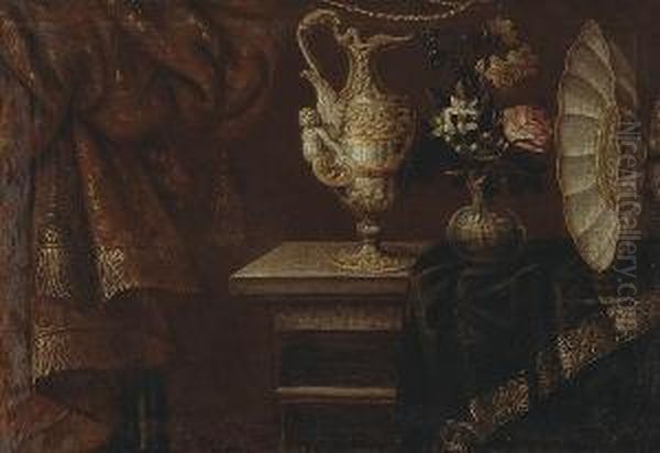 A Still Life With An Ewer, 
Footed Basin And Flowers In A Glass Vase On A Partially Draped Table Oil Painting by Antonio Gianlisi The Younger
