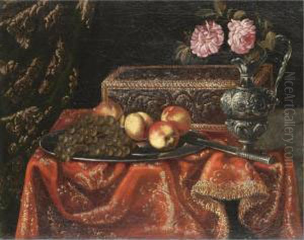 A Still Life With Grapes And 
Peaches On A Pewter Plate, Together With An Inlaid Coffer And Roses In A
 Pewter Ewer On A Table Draped With A Red Embroidered Cloth Oil Painting by Antonio Gianlisi The Younger