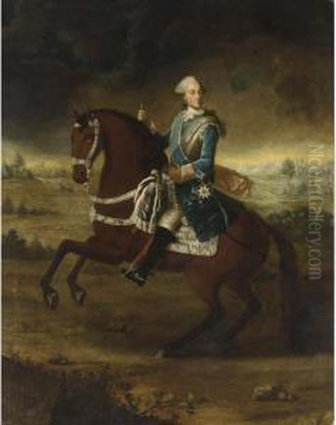 An Equastrian Portrait Of 
Kurfurst Maximilian Joseph Iii (1727-1777), Wearing The Order Of The 
Garter, A View Of Munich In The Background Oil Painting by Antonio Gianlisi The Younger