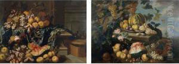 An Interior With A Still Life Of
 Peaches, Grapes, Plums, A Melon And Flowers, On A Stone Ledge Draped 
With An Embroidered Tablecloth Oil Painting by Antonio Gianlisi The Younger
