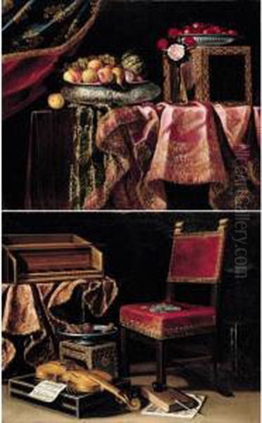 A Still Life Of Fruit And 
Cherries In Silver Bowls, Flowers In A Vase And A Jewelry-box, All 
Resting On A Table Draped With An Embroidered Carpet; A Still Life Of A 
Spinet, A Violin, Sweet-meats In A Tazza, And Coins On A Velvet-covered 
Chair, A T Oil Painting by Antonio Gianlisi The Younger