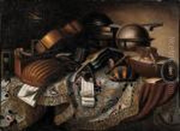 Strumenti Musicali, Spartiti, 
Volumi, Una Clessidra Ed Unritrattino Su Un Tavolo Coperto Da Un Drappo 
Damascato Oil Painting by Antonio Gianlisi The Younger