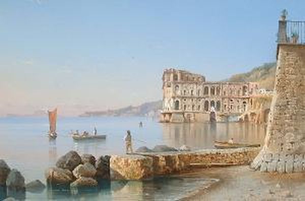 View Of An Ancient Port Town; 
View Towards Vesuvius; View Of A Cross Above The Bay Of Naples Oil Painting by Gianni