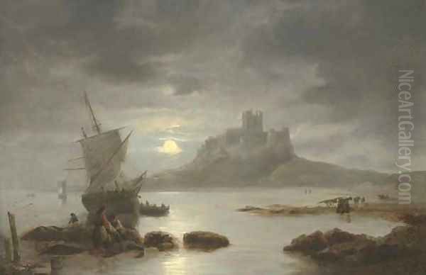 Bamburgh Castle by moonlight, with figures and boats in the foreground Oil Painting by James Wilson Carmichael