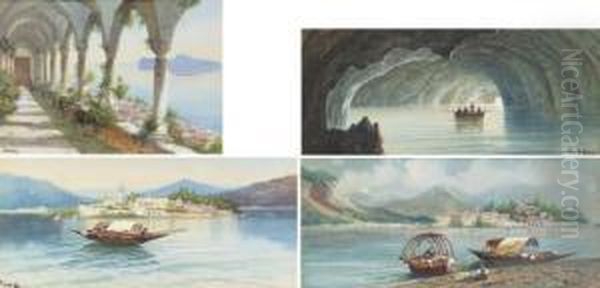 A Colonnade Overlooking The Isle
 Of Capri; Isola Bella, Lago Maggiore; The Blue Grotto, Capri; And Isola
 Bella, Lago Maggiore Oil Painting by Girolamo Gianni
