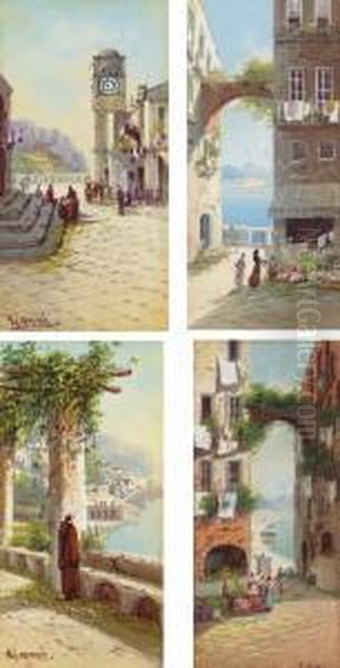 View From A Convent, Capri; Town
 Square, Capri; Flower Market With A Veiw Of Castel Del'ovo, Naples; And
 A Flower Market With A View Of Vesuvius, Naples Oil Painting by Girolamo Gianni