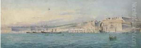 Merchant Steamers Lying At 
Anchor In Grand Harbour, Valetta; And An Iron-clad In The Harbour At 
Valetta Oil Painting by Girolamo Gianni
