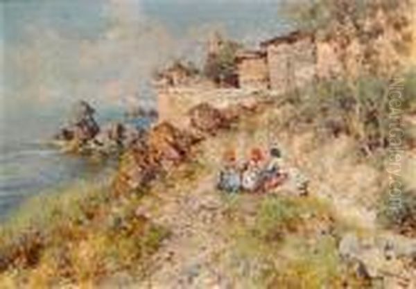 Sudliche Kustenlandschaftmit Drei Rastenden Madchen Oil Painting by Giuseppe Giardiello