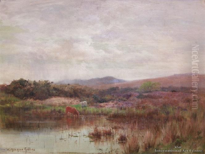 Cattle Drinking From A Stream, Canterbury Oil Painting by William Menzies Gibb