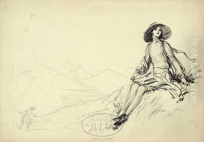 Unfinished Sketch: Girl On Hill Oil Painting by Charles Dana Gibson