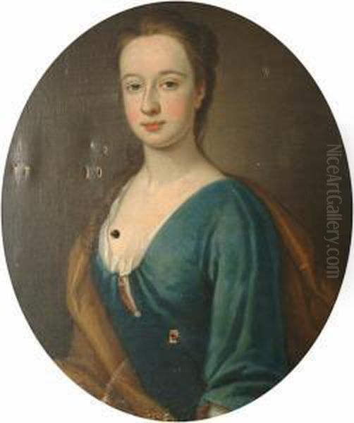 Portrait Of A Lady Bust-length, 
In A Blue Dress With A White Chemise And A Brown Wrap, In A Painted Oval Oil Painting by Thomas Gibson