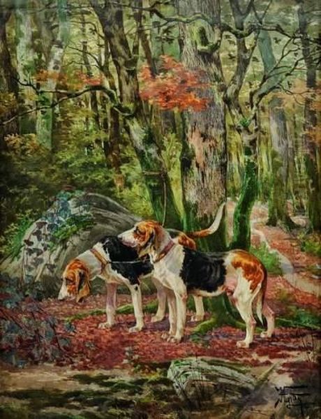 Chiens Couples Oil Painting by Hippolyte Jean Adam Gide