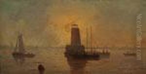 Vessels By A Lighthouse Oil Painting by Robert Swain Gifford