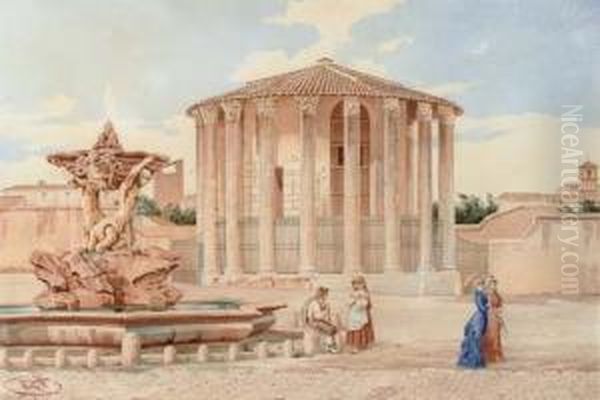 Elegant Figures Before The Temple Of Vesta, The Forum, Rome Oil Painting by Roberto Gigli