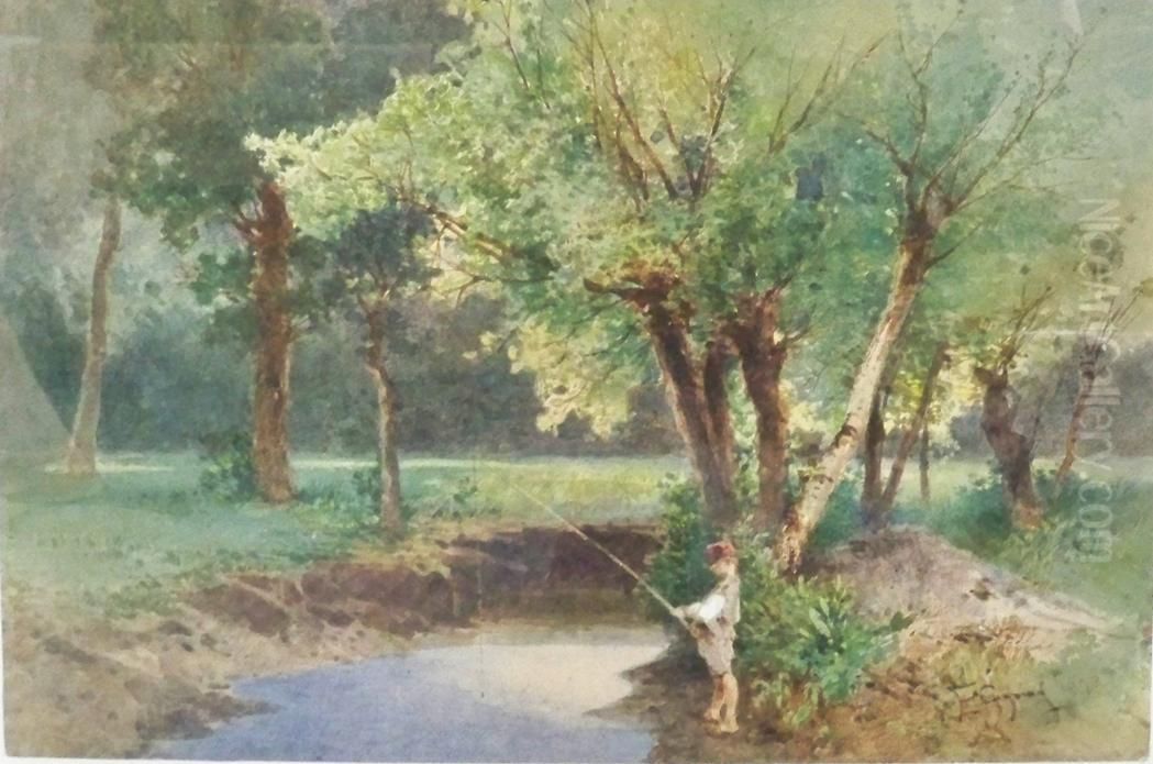 Boy Fishing In A Wooded Landscape Oil Painting by Eugenio Gignous