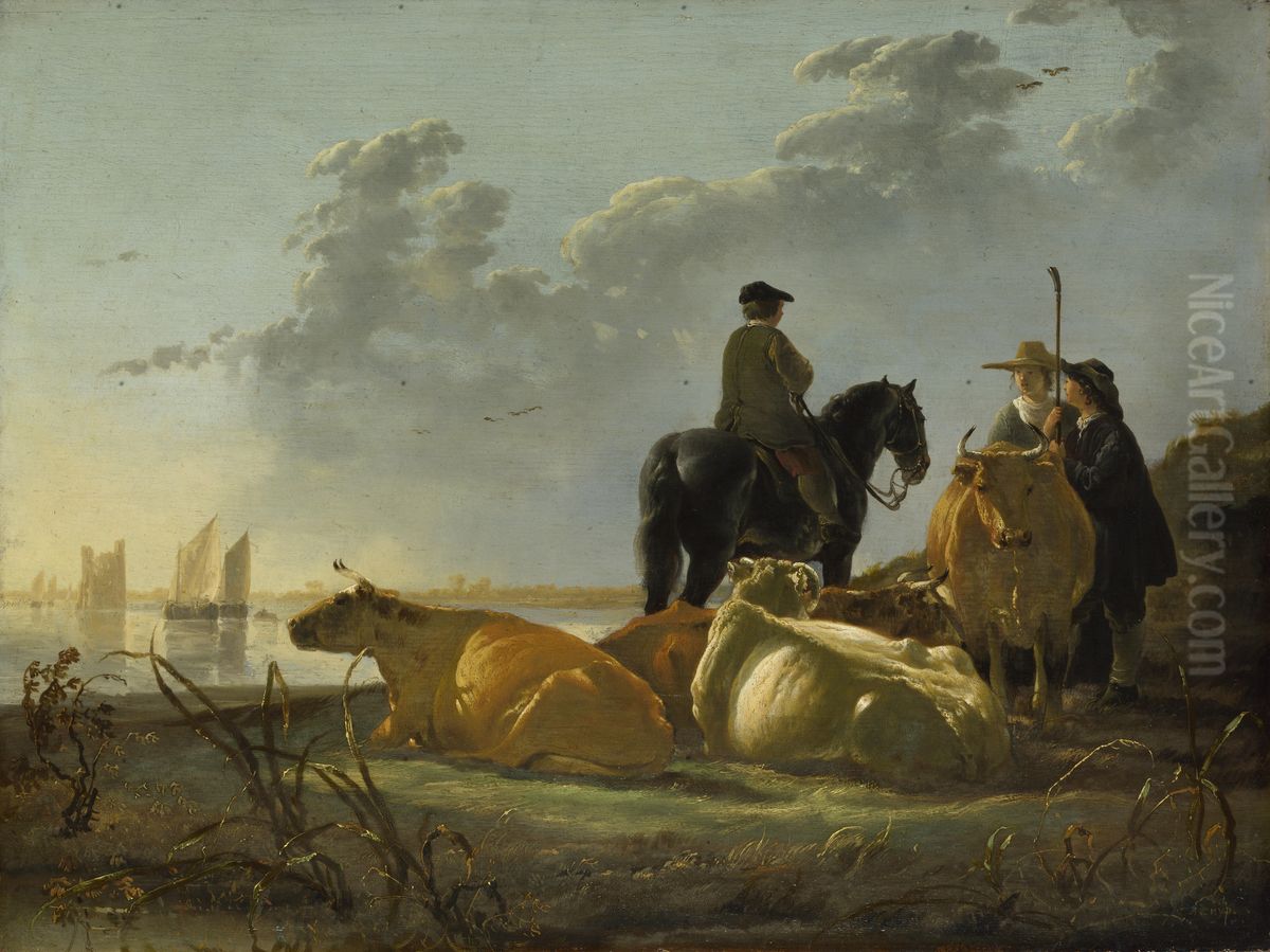 Peasants and Cattle by the River Merwede Oil Painting by Aelbert Cuyp