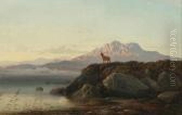 Highland Scene With Deer By A Loch Oil Painting by Arthur Gilbert