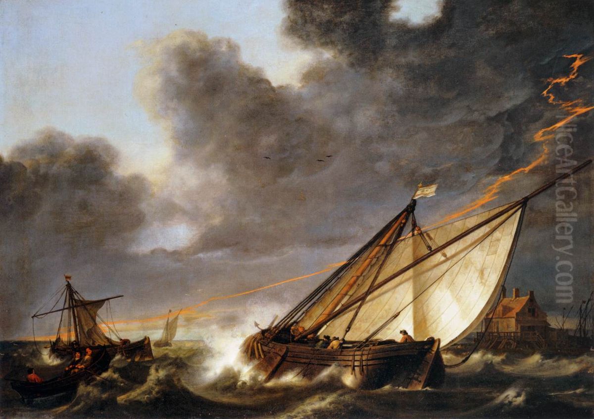 Ships Tossed in a Gale Oil Painting by Aelbert Cuyp