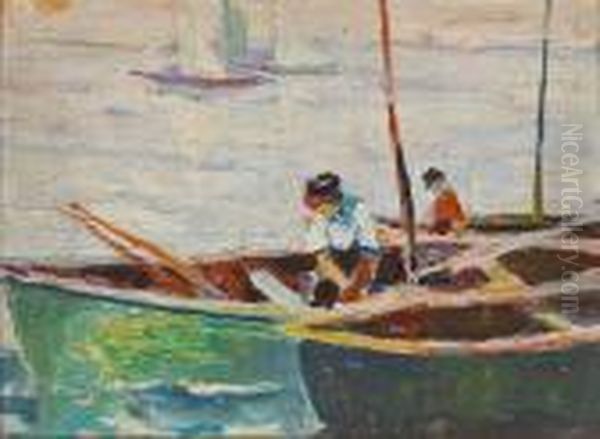 Two Fishermen In Boats With Sailboats Beyond Oil Painting by Selden Connor Gile