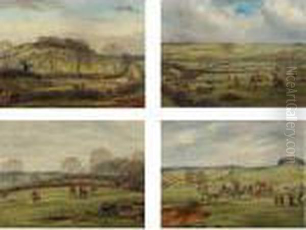 Mr. Fernie's Hunt: Going To The 
Meet, Going Away From Shawston, Full Cry And The Death (four Works) Oil Painting by G.D. Giles