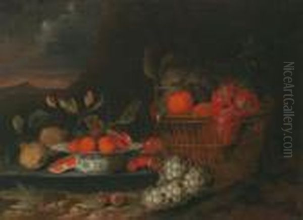 Paesaggio Montagnoso Con Natura 
Morta Con Frutti In Una Coppa Di Porcellana Wan Li Krak E In Un Cestino Oil Painting by Jan Pauwel Gillemans The Elder