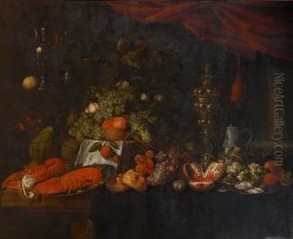 A Still Life Of Pewter Dishes Of
 Lobsters And Oysters, A Silver Gilt Covered Cup, Grapes, Pomegranates 
And Bread Rolls On A Draped Table, A Basket Of Grapes And Peaches And A Oil Painting by Jan Pauwel Gillemans The Elder