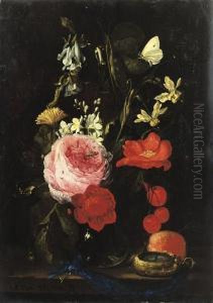 A Rose, An Anemone, A Marigold, 
Narcissi And Other Flowers In Aglass Vase With A Brass-cased Watch On A 
Blue Key-ribbon On Awooden Table Oil Painting by Jan Pauwel Gillemans The Elder