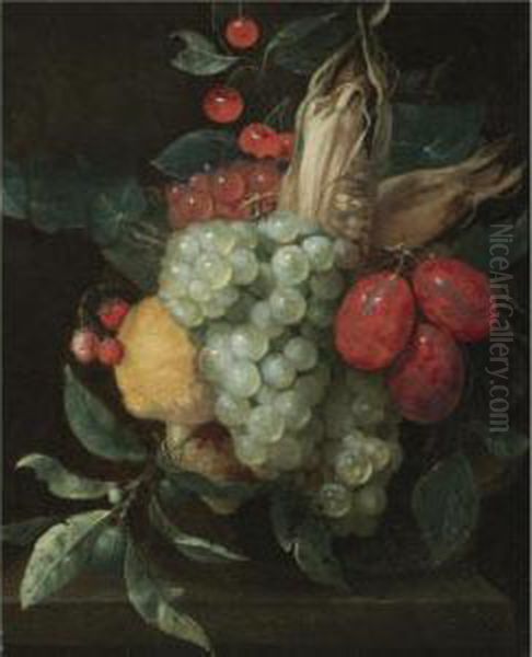 A Still Life With A Festoon Of 
Grapes, Plums, Lemons, Cherries, Wild Strawberries And A Corn On The Cob Oil Painting by Jan Pauwel Gillemans The Elder