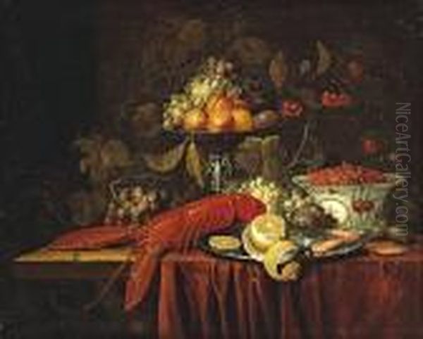 A Still Life With Fruit, 
Strawberries In Aoriental Bowl And A Lobster Together On A 
Partially-drapedtable Oil Painting by Jan Pauwel Gillemans The Elder