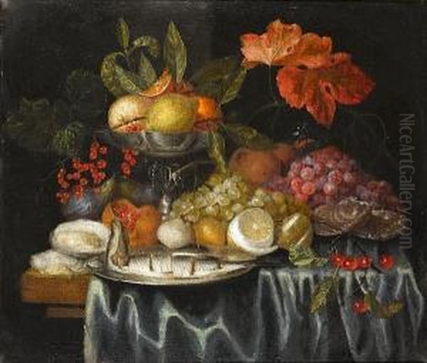 A Still Life Of Oysters, A 
Silver Tazza With Oranges And Lemons, Fish On A Silver Dish And Other 
Fruit On A Table Draped With A Blue Cloth Oil Painting by Jan Pauwel Gillemans The Elder