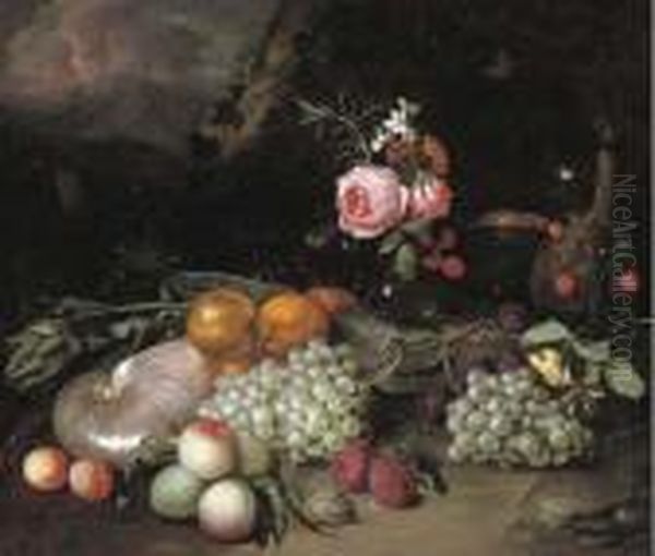 A Nautilus Shell, An Artichoke, 
Oranges, Peaches, Grapes, A Vase With Flowers, Plums And A Bottle In A 
Landscape Oil Painting by Jan Pauwel Gillemans The Elder