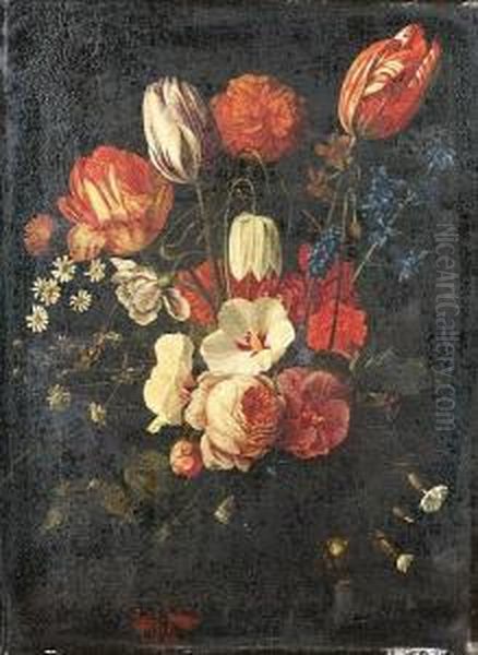 Tulips, A Fritillary, Hyacinths,
 Bluebells, Daisies, Anemones, A Rose And Other Flowers In A Glass 
Vase, With A Red Admiral Butterfly Oil Painting by Jan Pauwel Gillemans The Elder
