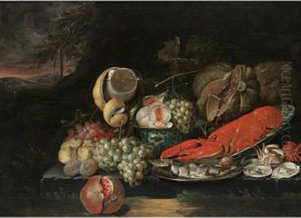 A Sumputuous Still Life With A 
Lobster In A Wan-li Bowl,a Herring On A Silver Plate, Grapes, Peaches, 
And Figs In A Wan-li Bowl, A Lemon In A Roemer, Pumpkins, A Pomegranate,
 Together With Oysters And Crabs, All On A Stone Ledge In A Landscape Oil Painting by Jan Pauwel Gillemans The Elder