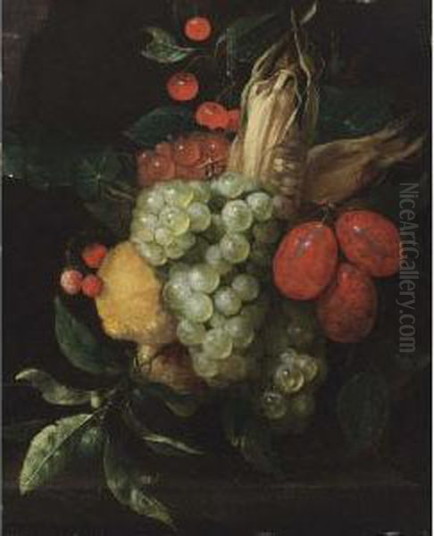 A Still Life With A Bunch Of 
White And Black Grapes, Prunes, Lemons, Corn, Cherries And Strawberries 
Hanging Above A Stone Ledge Oil Painting by Jan Pauwel Gillemans The Elder