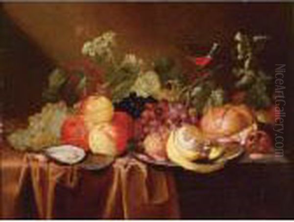 Still Life Of Peaches, Grapes, A
 Peeled Lemon, An Oyster, A Bread Roll And A Glass Of Wine, All On A 
Draped Table Oil Painting by Jan Pauwel Gillemans The Elder